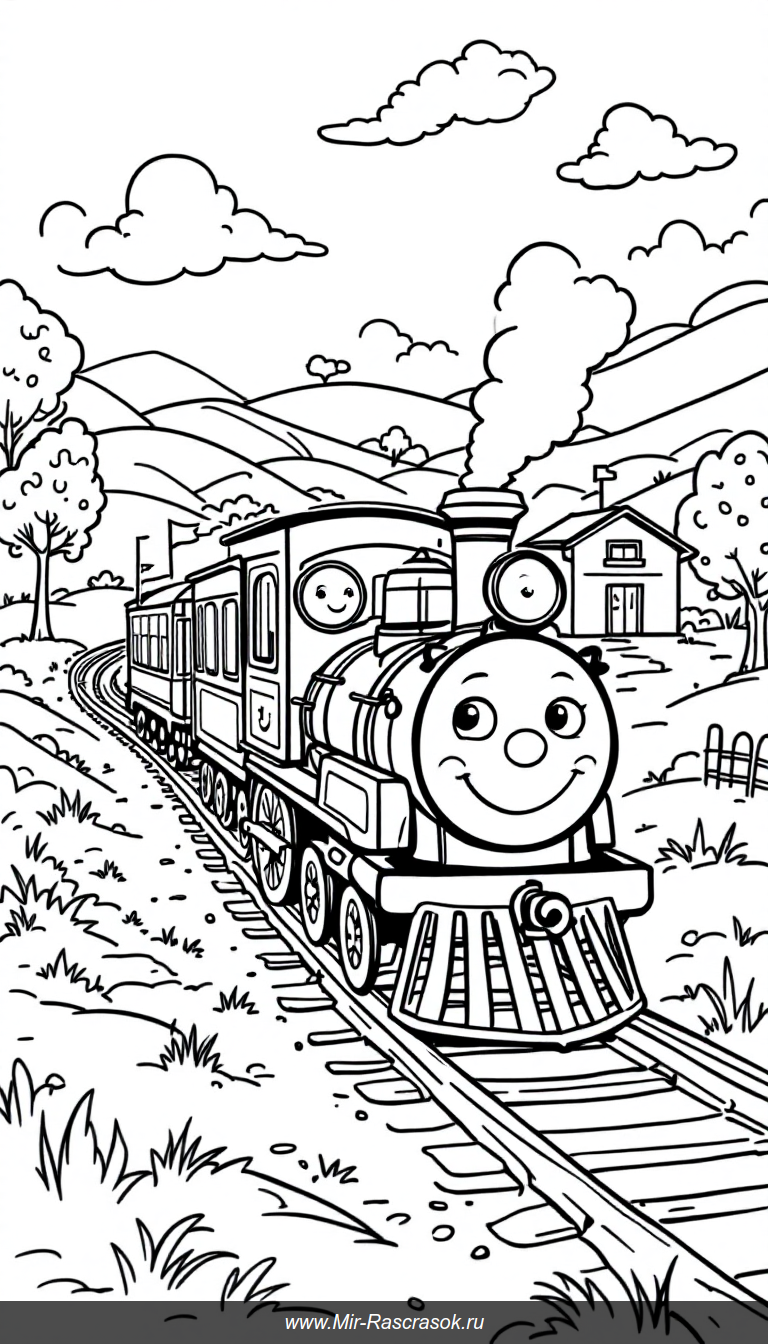 Дружелюбный паровозик в деревенском пейзаже для раскраски детей