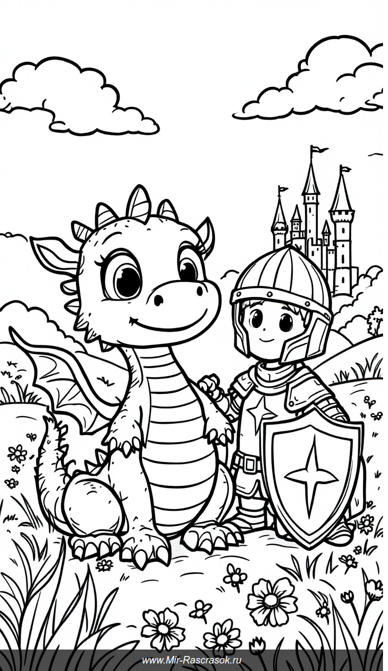 Дружелюбный дракон и храбрый рыцарь на поле для раскраски
