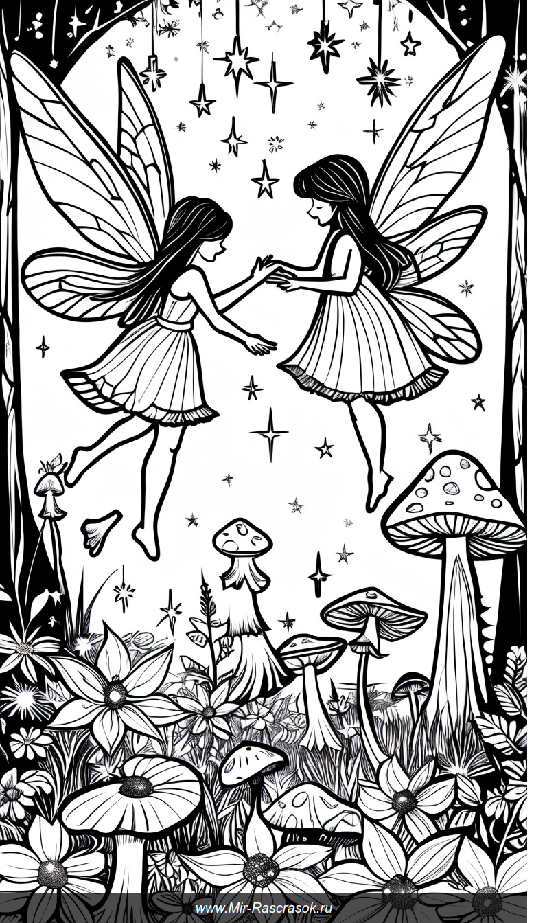 Волшебные феи и цветы в раскраске из зачарованной лесной поляны