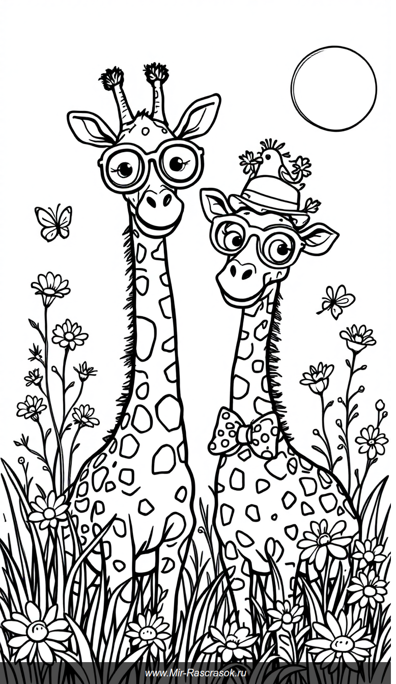 Веселые жирафы в солнечном лугу для детской раскраски