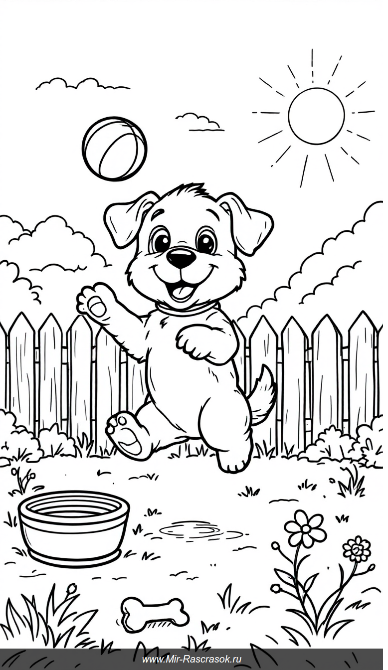 Веселый щенок в солнечном дворе раскраска для детей