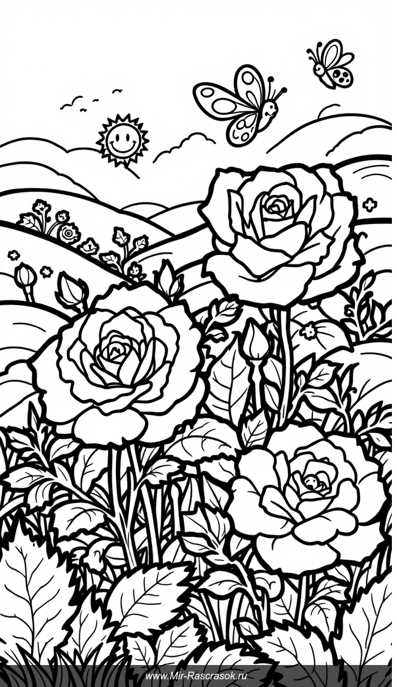Дружелюбный сад с розами и улыбающимися насекомыми для раскраски детей