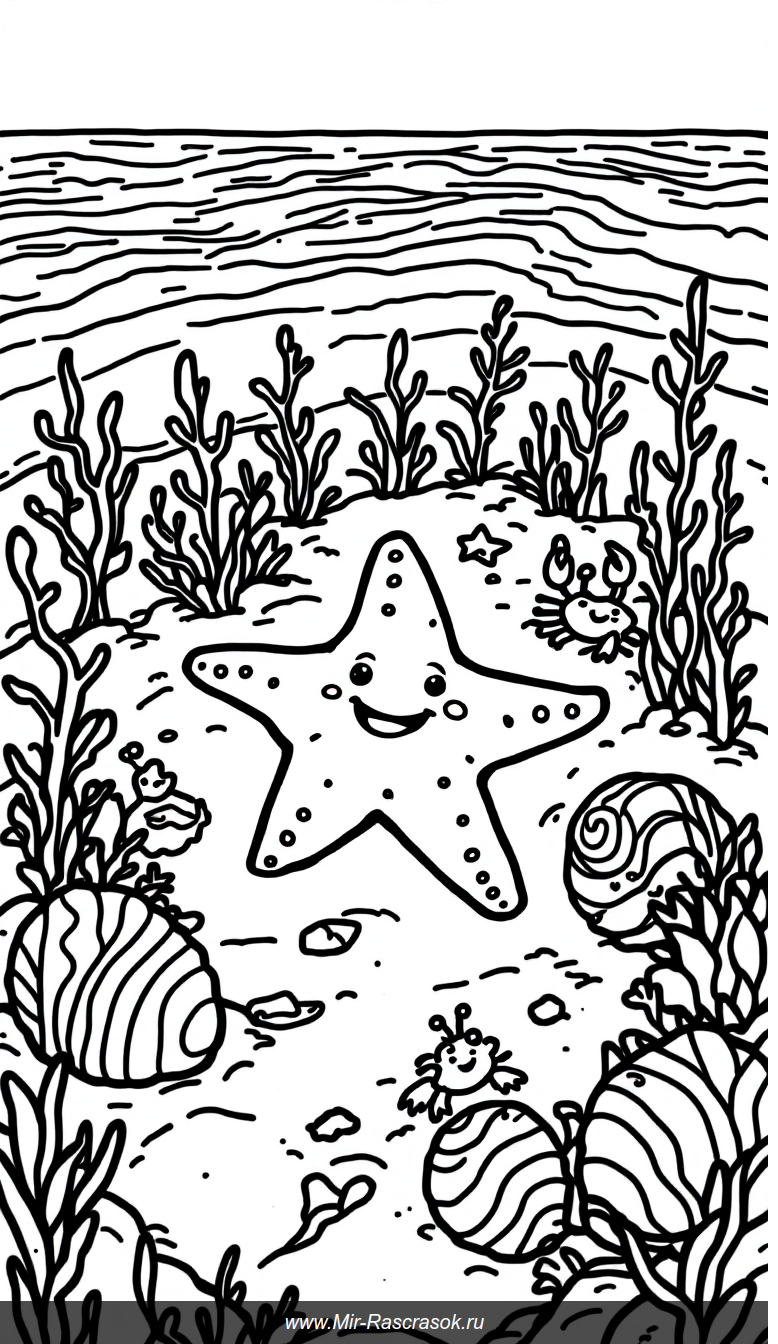 Веселая морская звезда и забавные крабики для детской раскраски