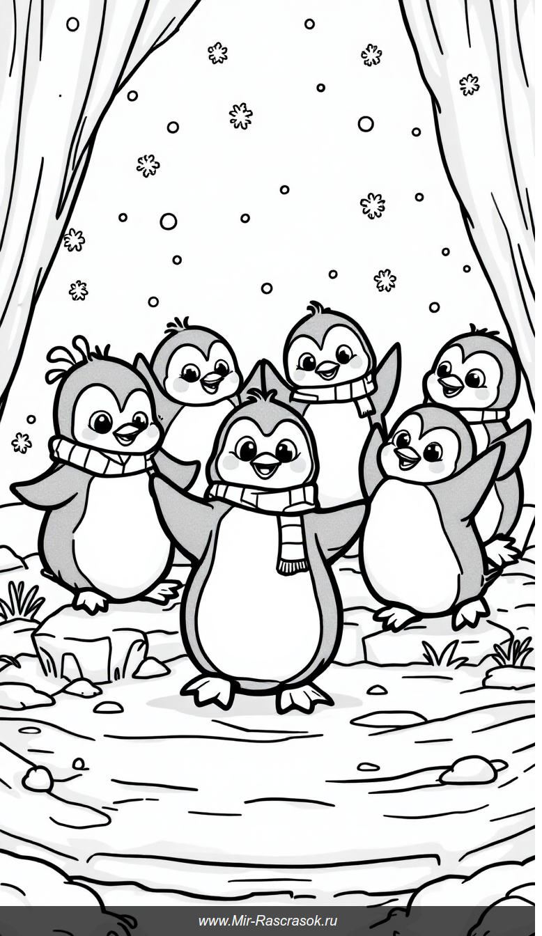 Весёлые танцующие пингвины на ледяной сцене для детской раскраски