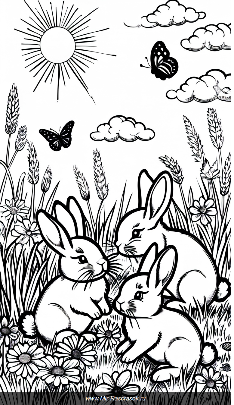 Веселые зайчата в весеннем поле раскраска для всех возрастов