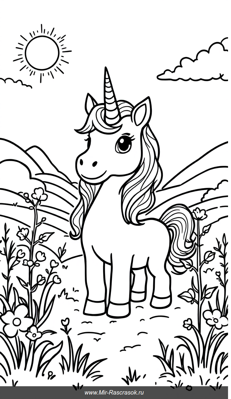 Волшебный единорог на лугу акварельная раскраска для детей