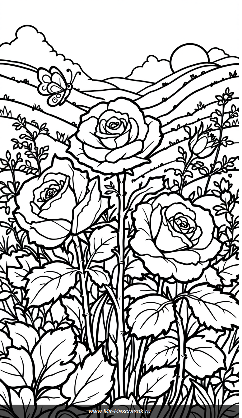 Веселый сад с розами бабочкой и божьей коровкой для детского раскрашивания