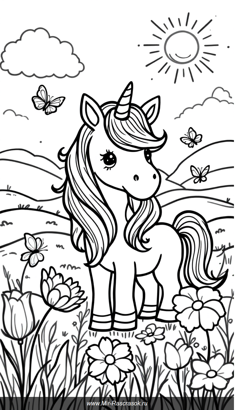 Волшебный единорог в солнечном лугу для детской раскраски