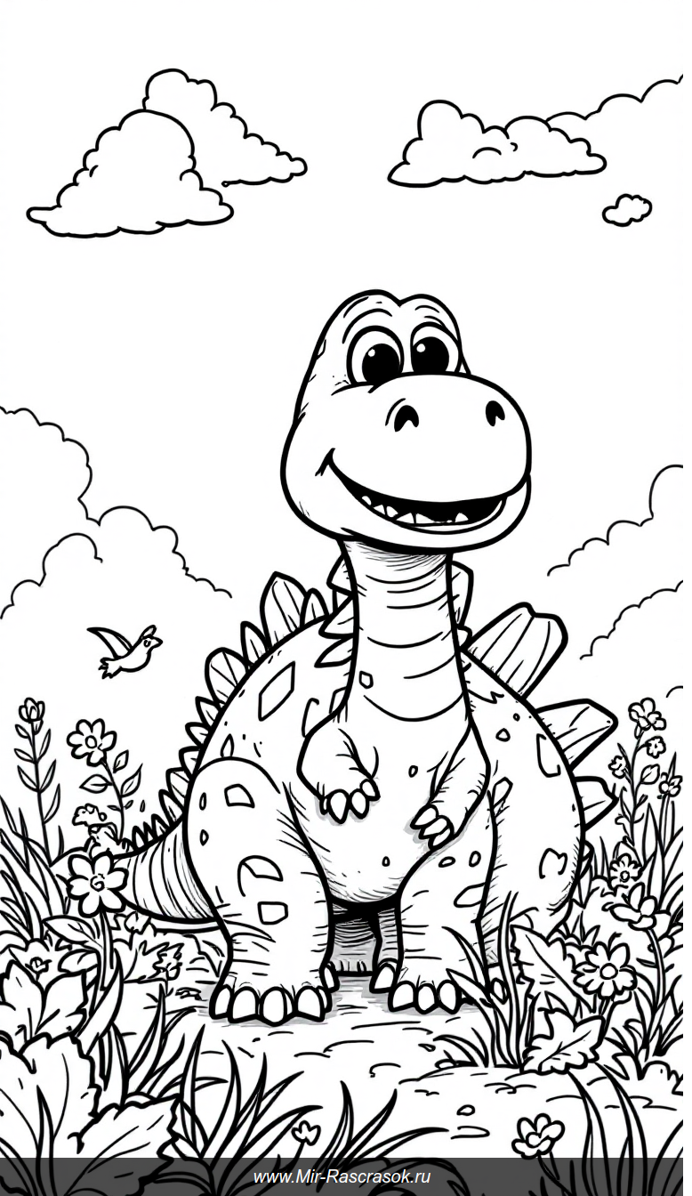 Дружелюбный Стегозавр в солнечной доисторической поляне для раскрашивания