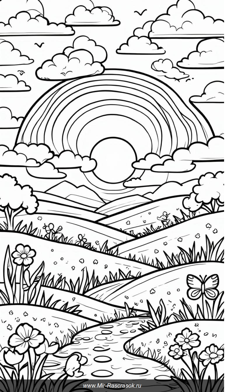 Раскраски Веселый Пейзаж с Радугой и Солнечными Облаками