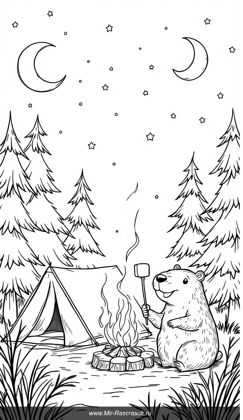 Веселая капибара у костра в лесу раскраска для детей