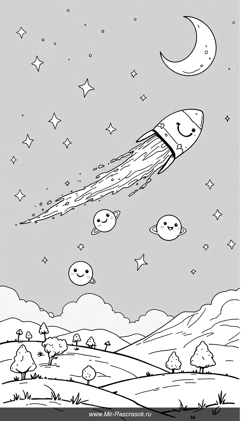 Веселое ночное космическое приключение для детской раскраски