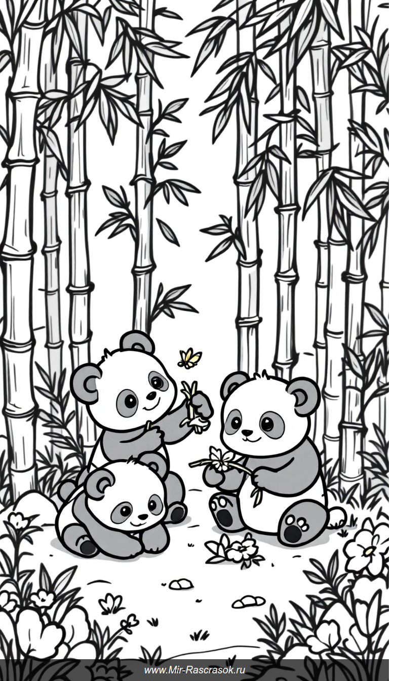 Радужные приключения милых панд в бамбуковом лесу для раскраски