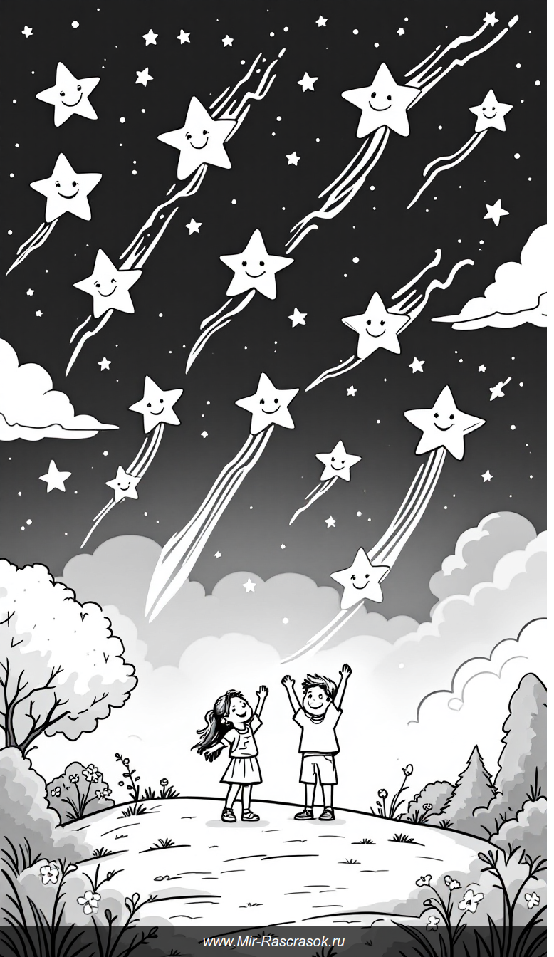 Нежные мимолетные звезды и счастливые дети в ночном раскраске