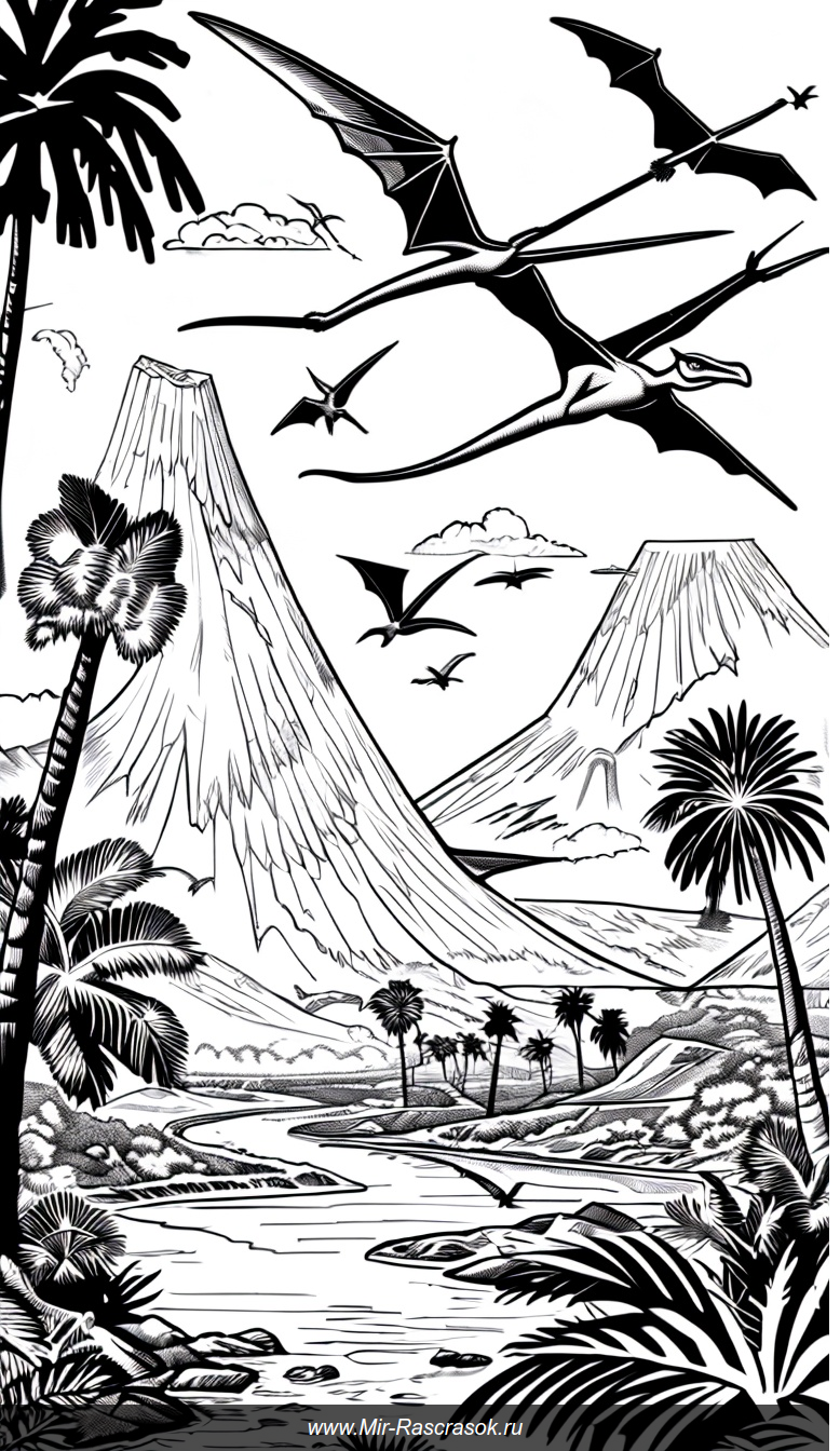 Раскраска с птеродактилями в полёте над доисторическим пейзажем с вулканами и пальмами
