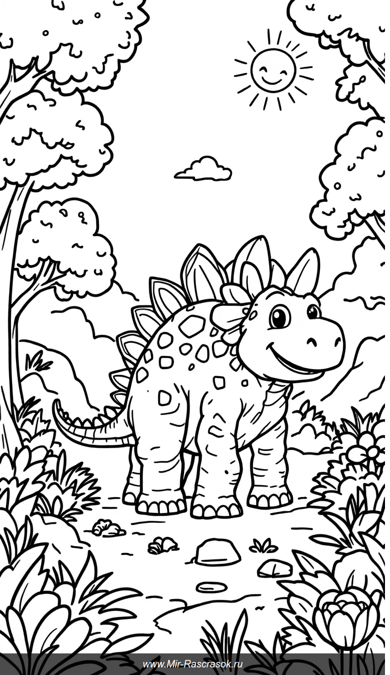 Весёлый стегозавр в солнечном доисторическом лугу для детской раскраски