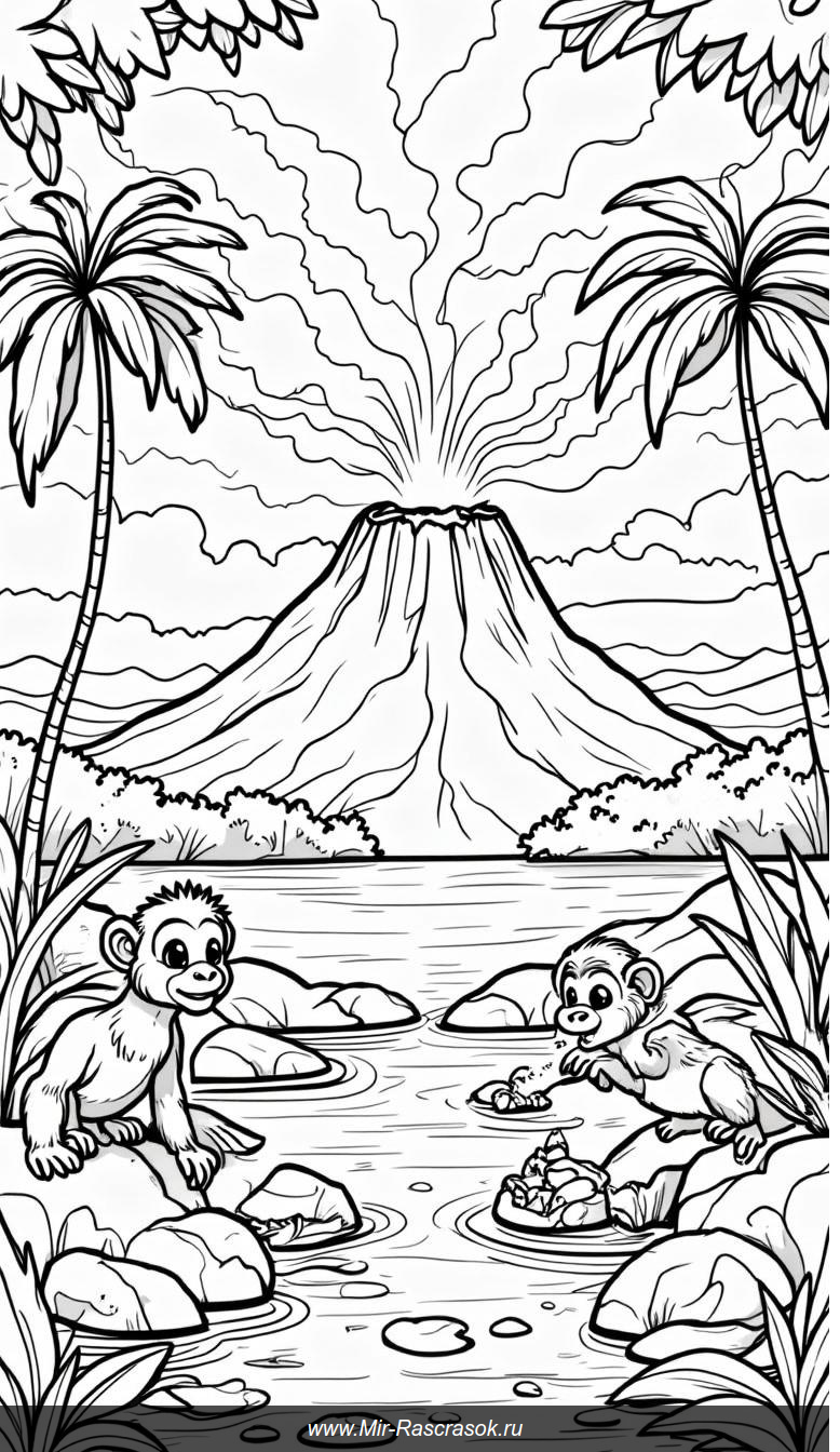 Приключения на фоне вулкана: раскраска с тропическими животными
