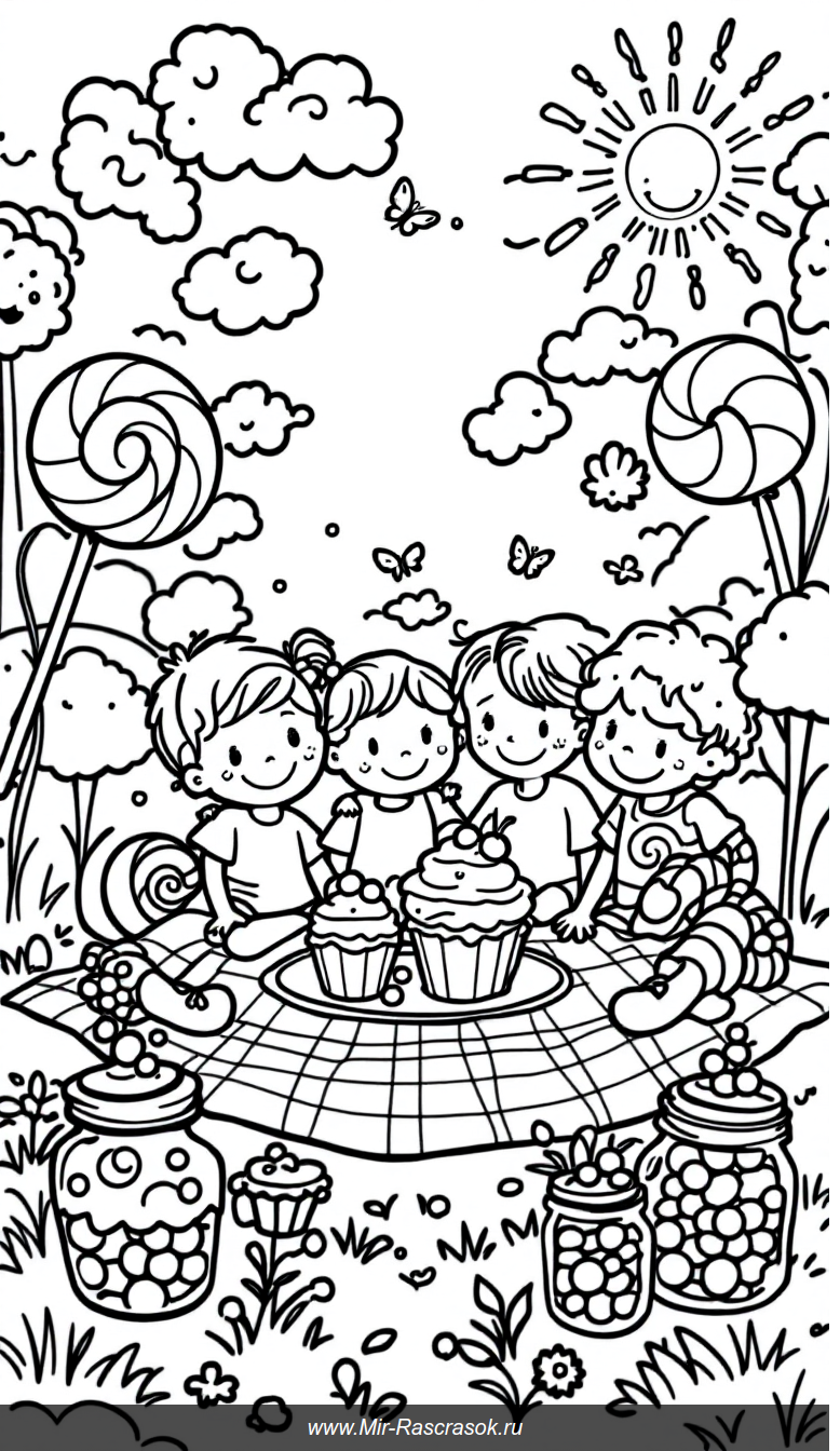 Весёлый пикник с конфетами и детьми для раскрашивания