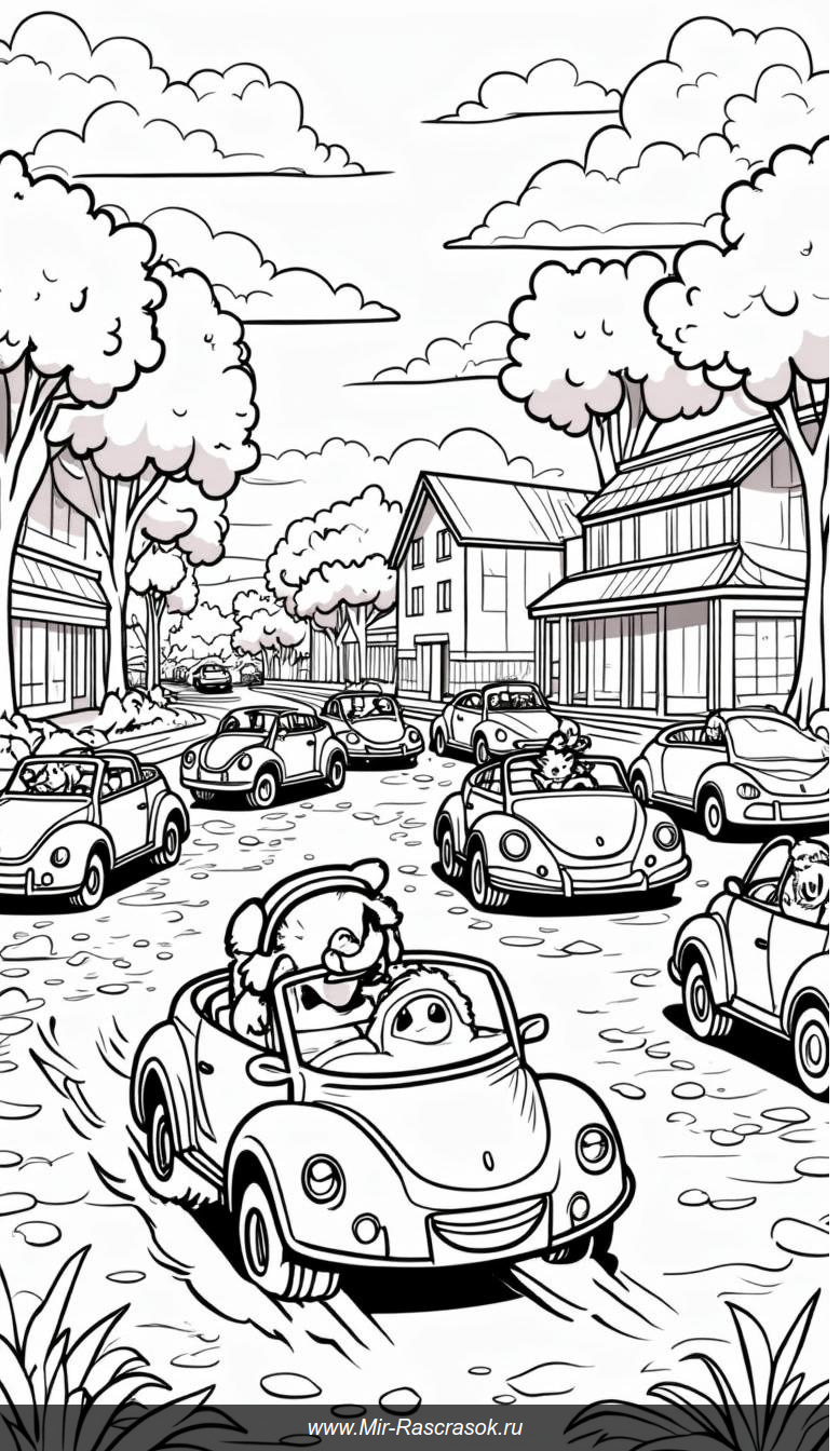 Веселая улица в раскраске с необычными машинками и магазинами