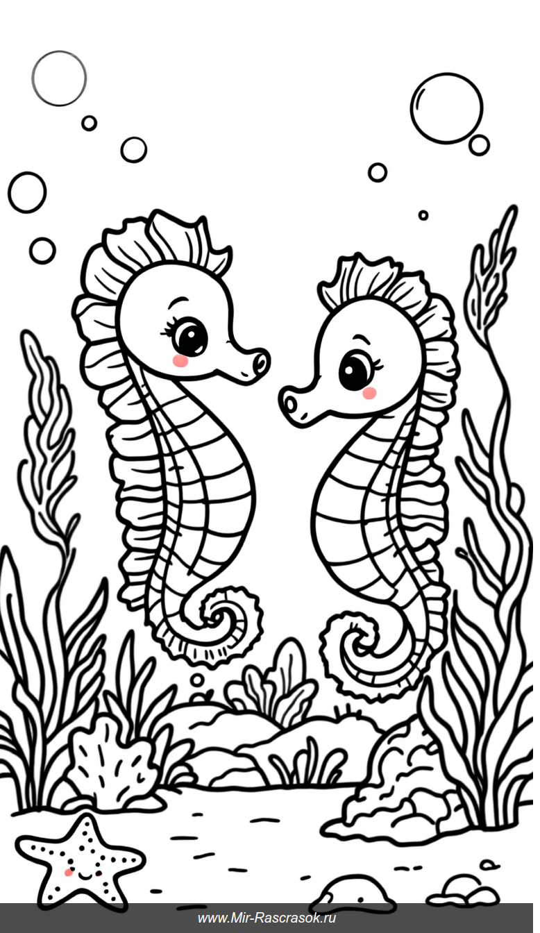Дружелюбные морские коньки в подводной раскраске для маленьких детей