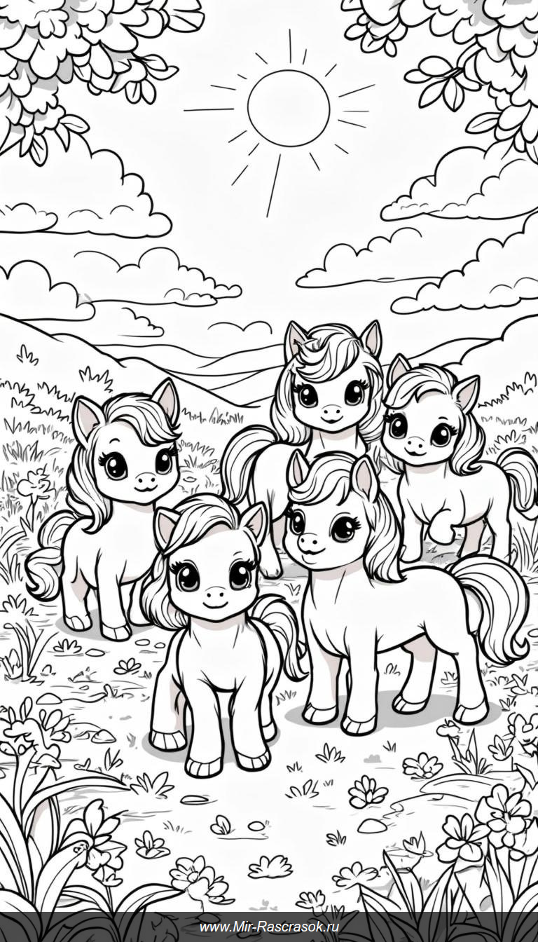 Раскраска с милыми пони в цветущем Meadow