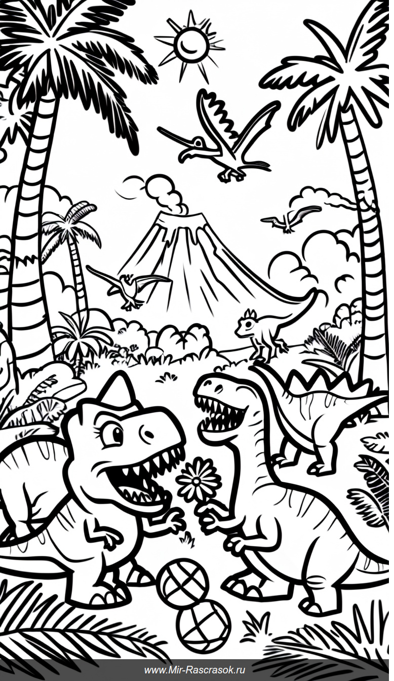 Веселые динозавры в доисторическом лесу