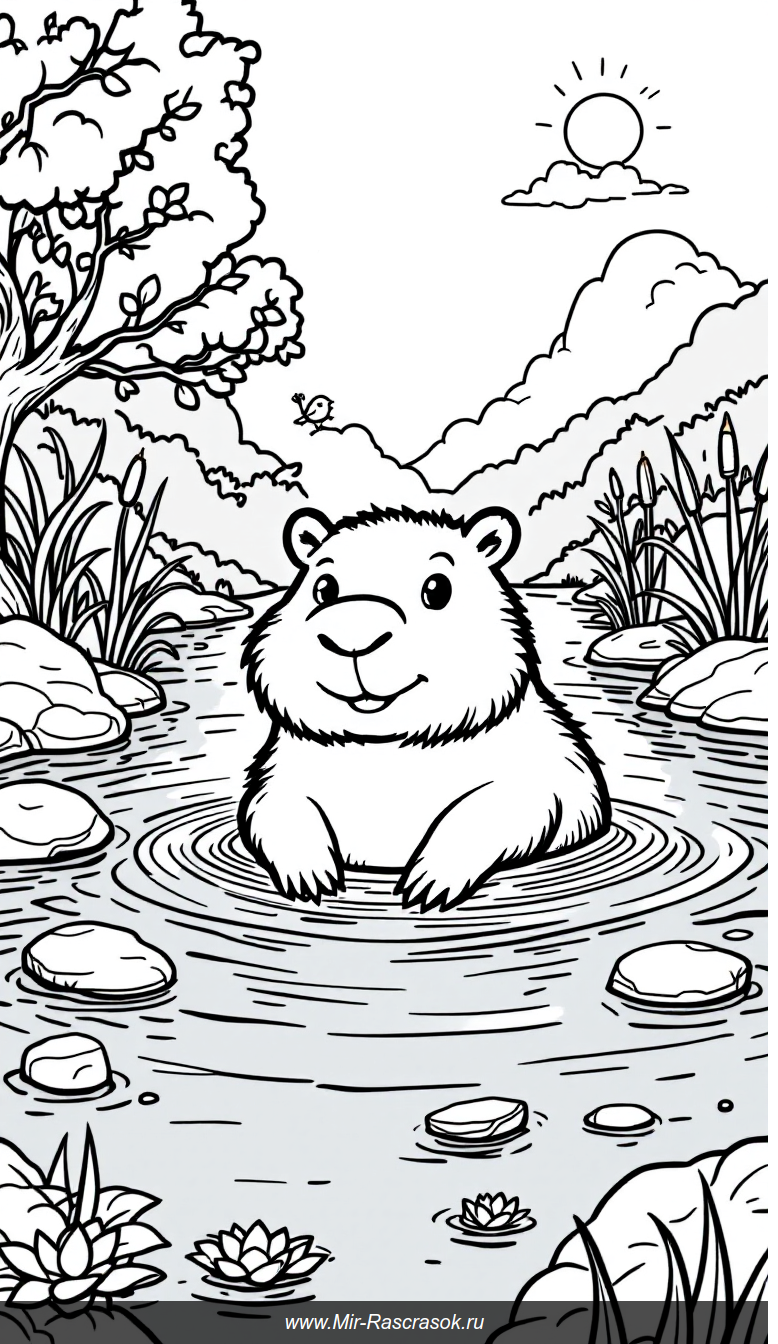 Веселая капибара на речке Раскраска для детей