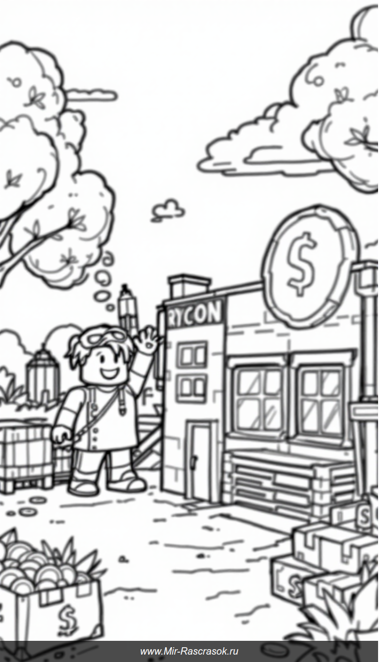 Веселая раскраска Roblox Тюкона для детей с простыми фигурами и улыбчивым героем