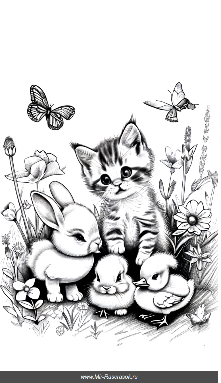 Все о милой раскраске с котенком, кроликом и утенком в полю с цветами