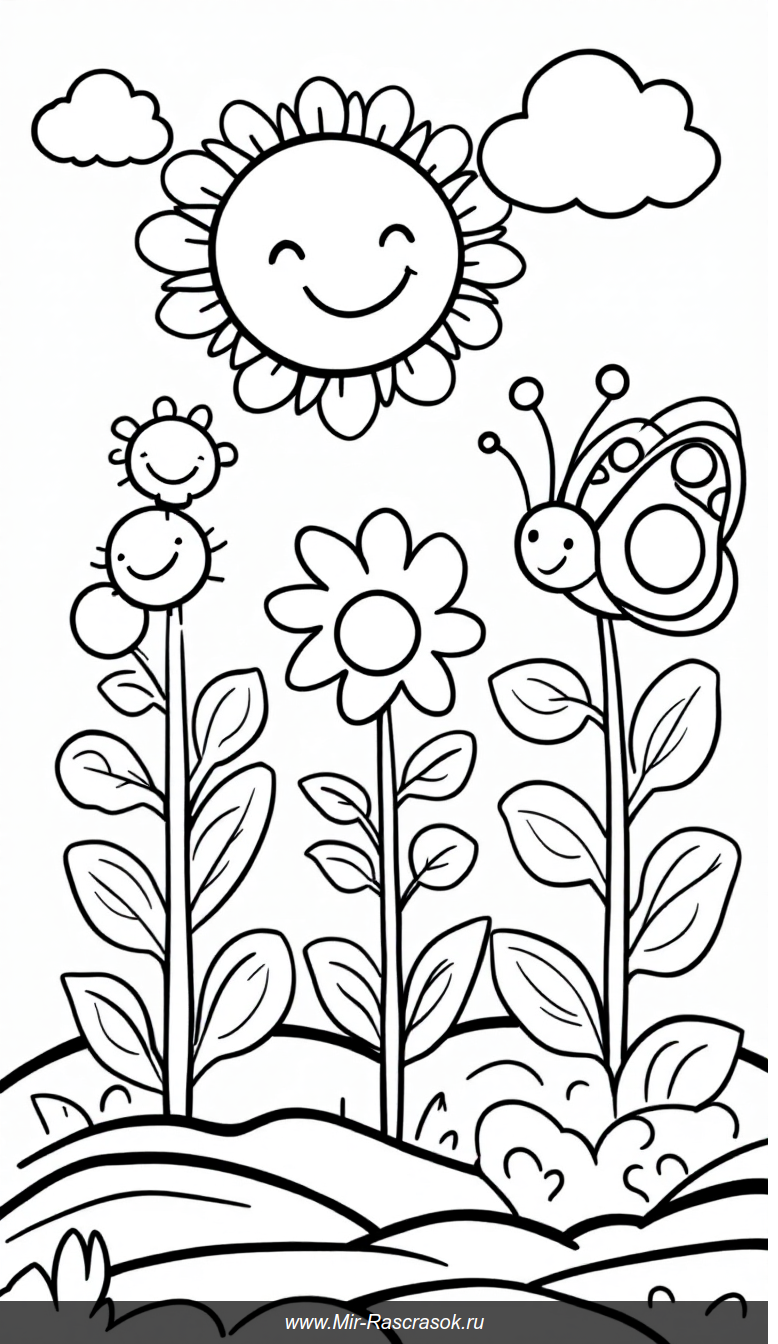 Весёлый сад для раскрашивания с улыбающимся солнцем и бабочкой