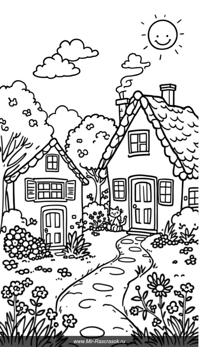 Раскраска уютная деревня с тремя домиками и веселым солнцем
