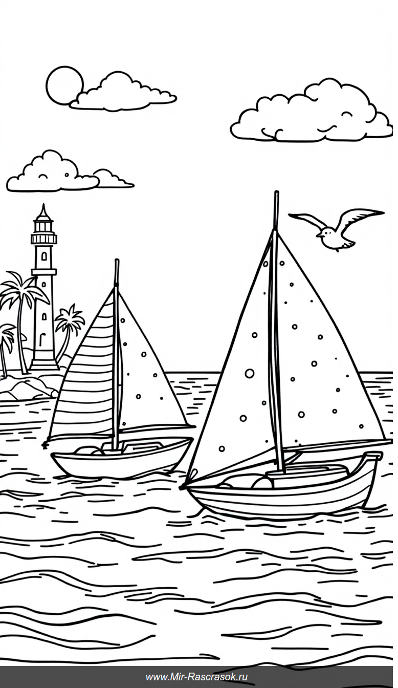 Раскраска с плавными парусниками и дружелюбным морским пейзажем для детей