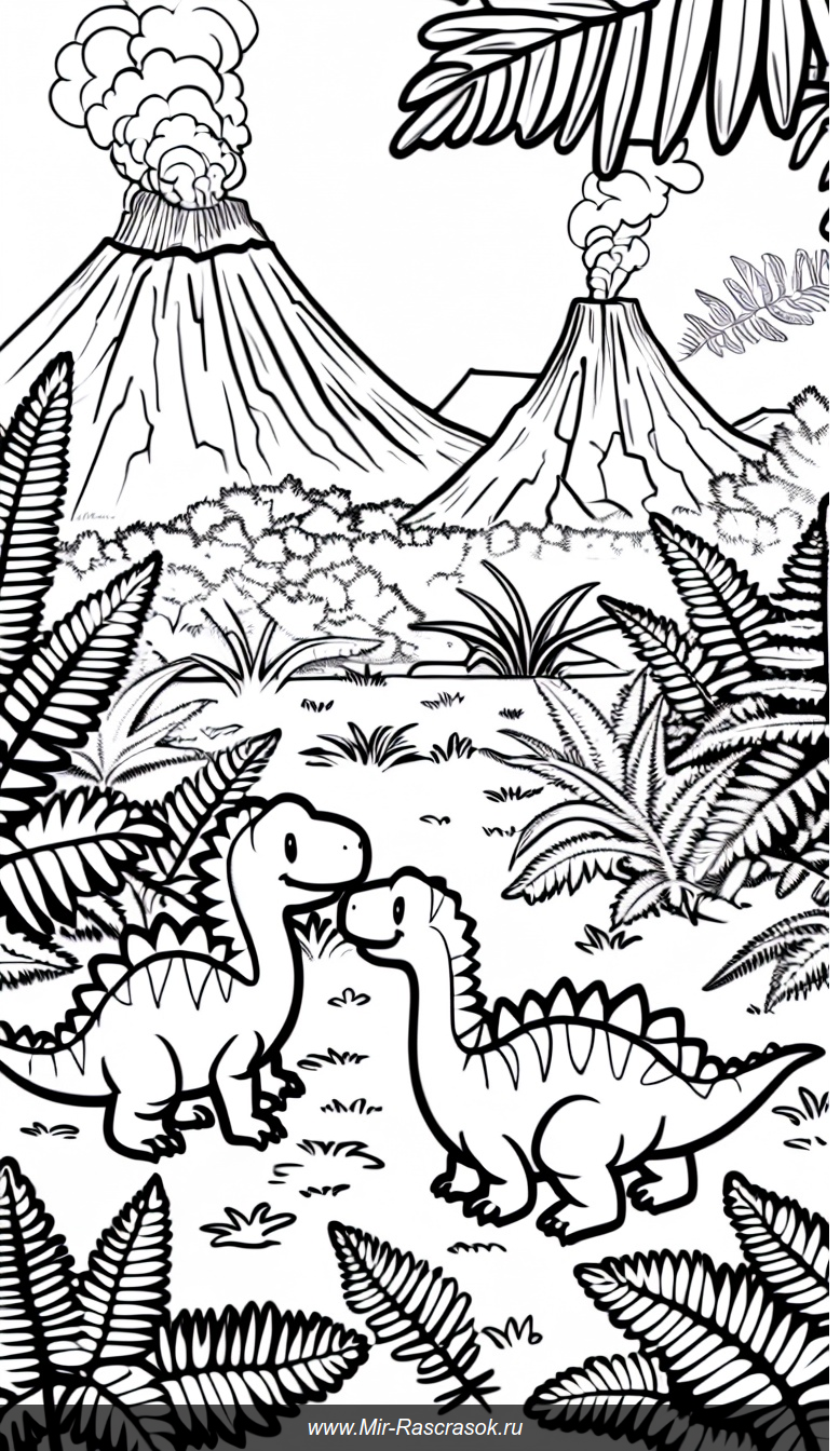 Веселые маленькие динозавры в доисторическом саду раскраска для детей