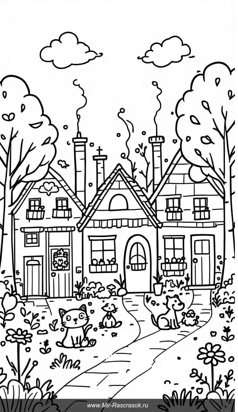 Уютные домики и дружелюбные животные для спокойного детского раскрашивания