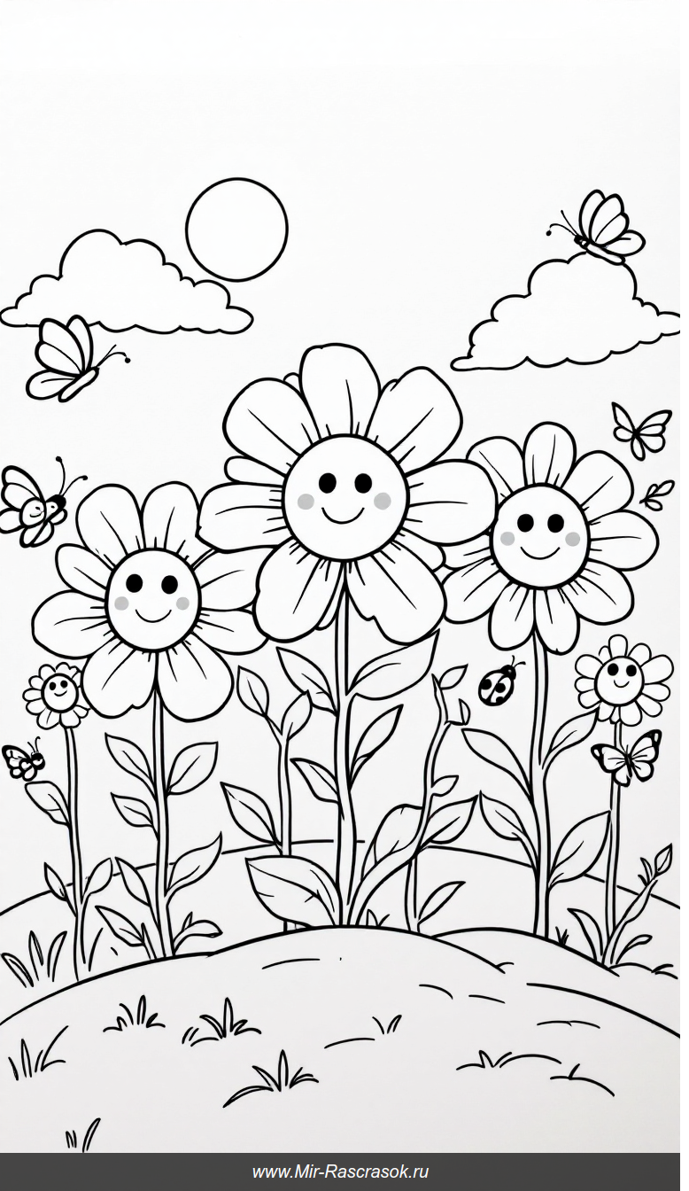 Раскраска Солнечный сад с весёлыми цветами и забавными бабочками