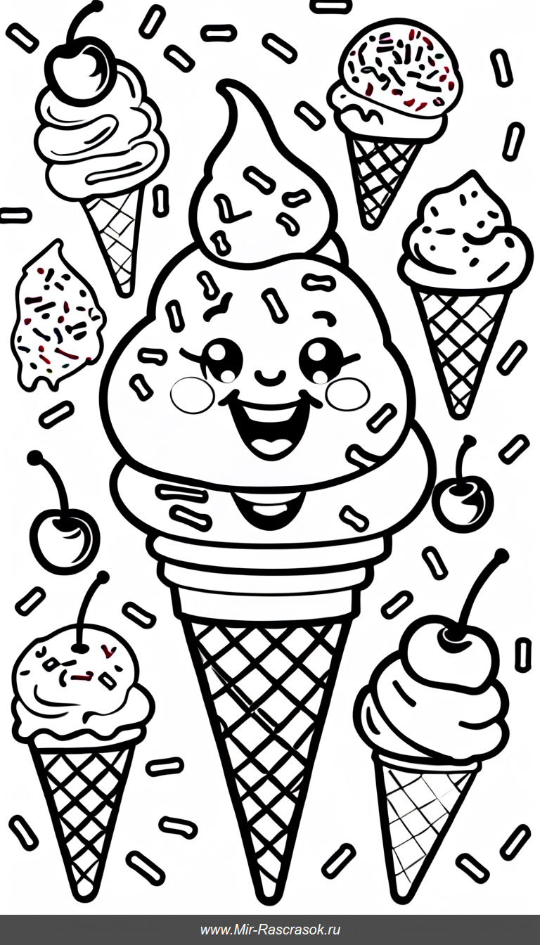 Веселый мороженое в вафельном рожке приглашает детей раскрашивать вкусные сладости