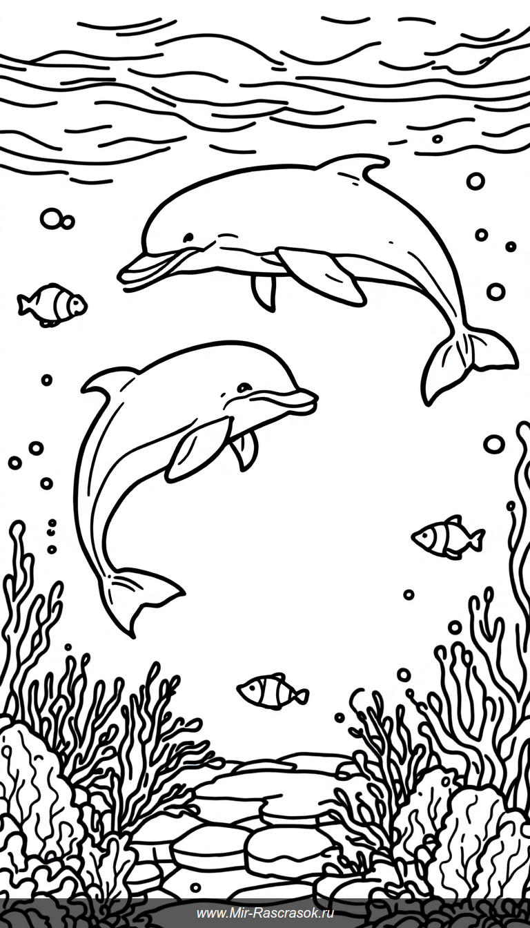 Дельфины и киты для детского раскрашивания