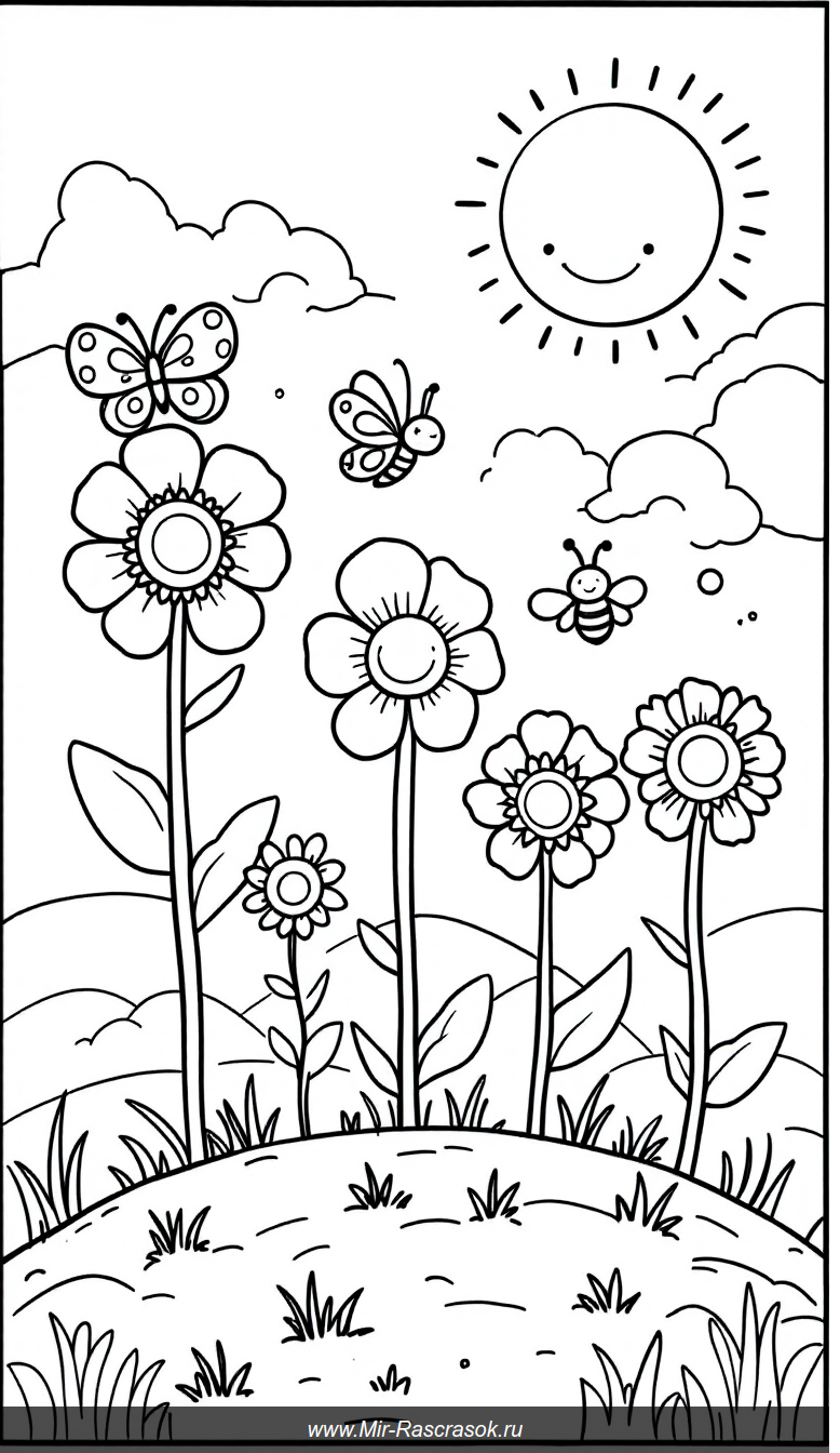 Веселый солнечный сад с простыми цветами для детской раскраски