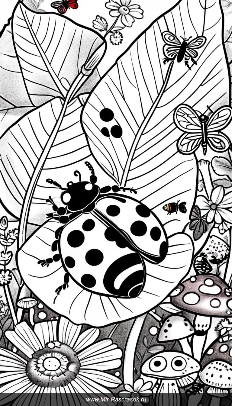 Раскраска с божьими коровками и дружелюбными насекомыми в живом саду