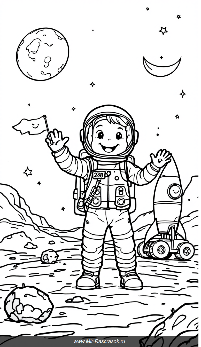 Дружелюбный космонавт на Луне для детской раскраски