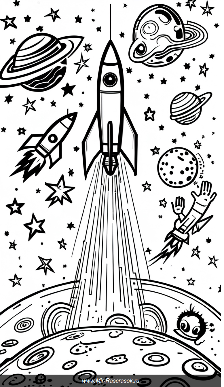 Увлекательная раскраска Космический запуск ракеты и дружелюбный пришелец