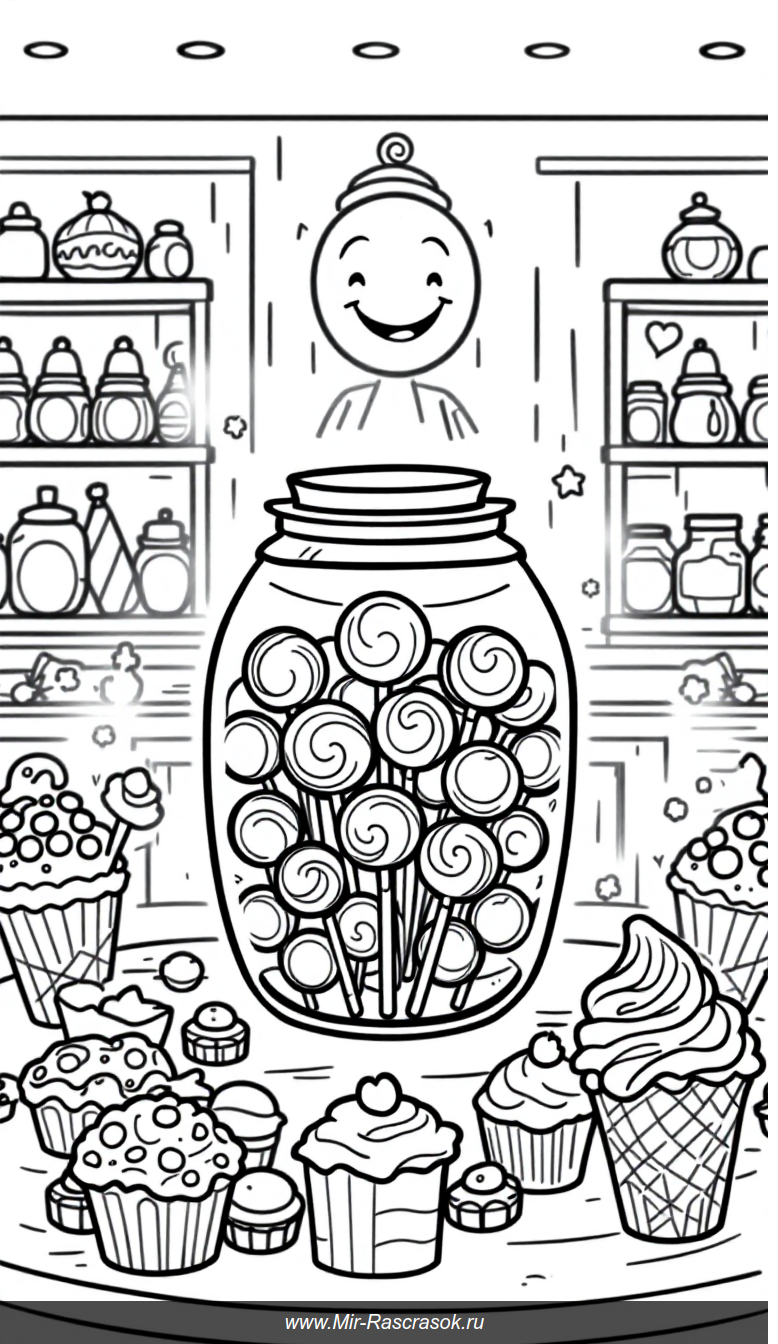 Веселый сладкий магазин раскраска для малышей