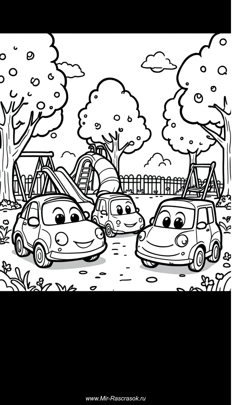 Веселая раскраска с дружелюбными малышами-машинками на детской площадке