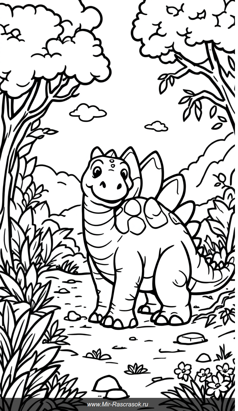 Веселый стегозавр в доисторическом мире для детской раскраски