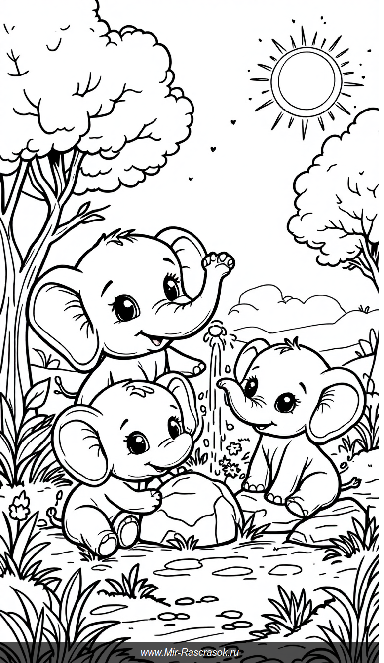 Счастливые слонятки на солнечной поляне Раскраска для малышей