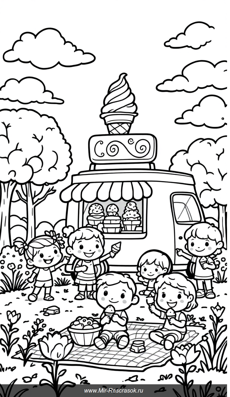 Веселый парк с мороженым для творческого раскрашивания детей