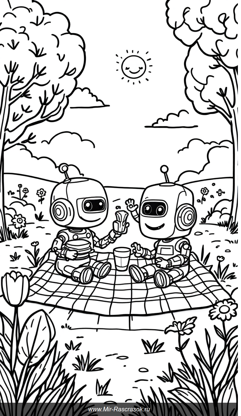 Весёлый робот пикник раскраска для детей с простыми контурами