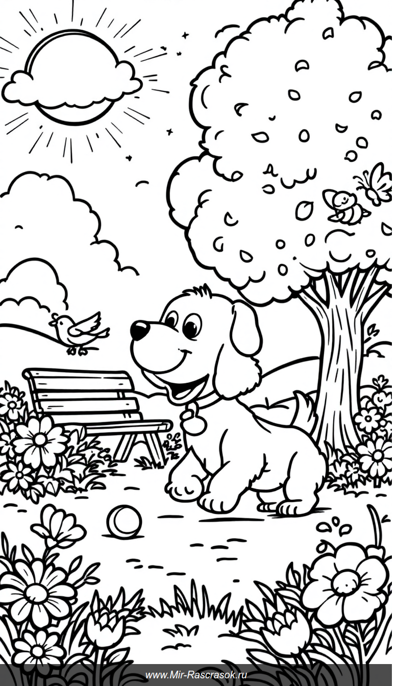 Весёлый щенок в солнечном парке раскраска для детей
