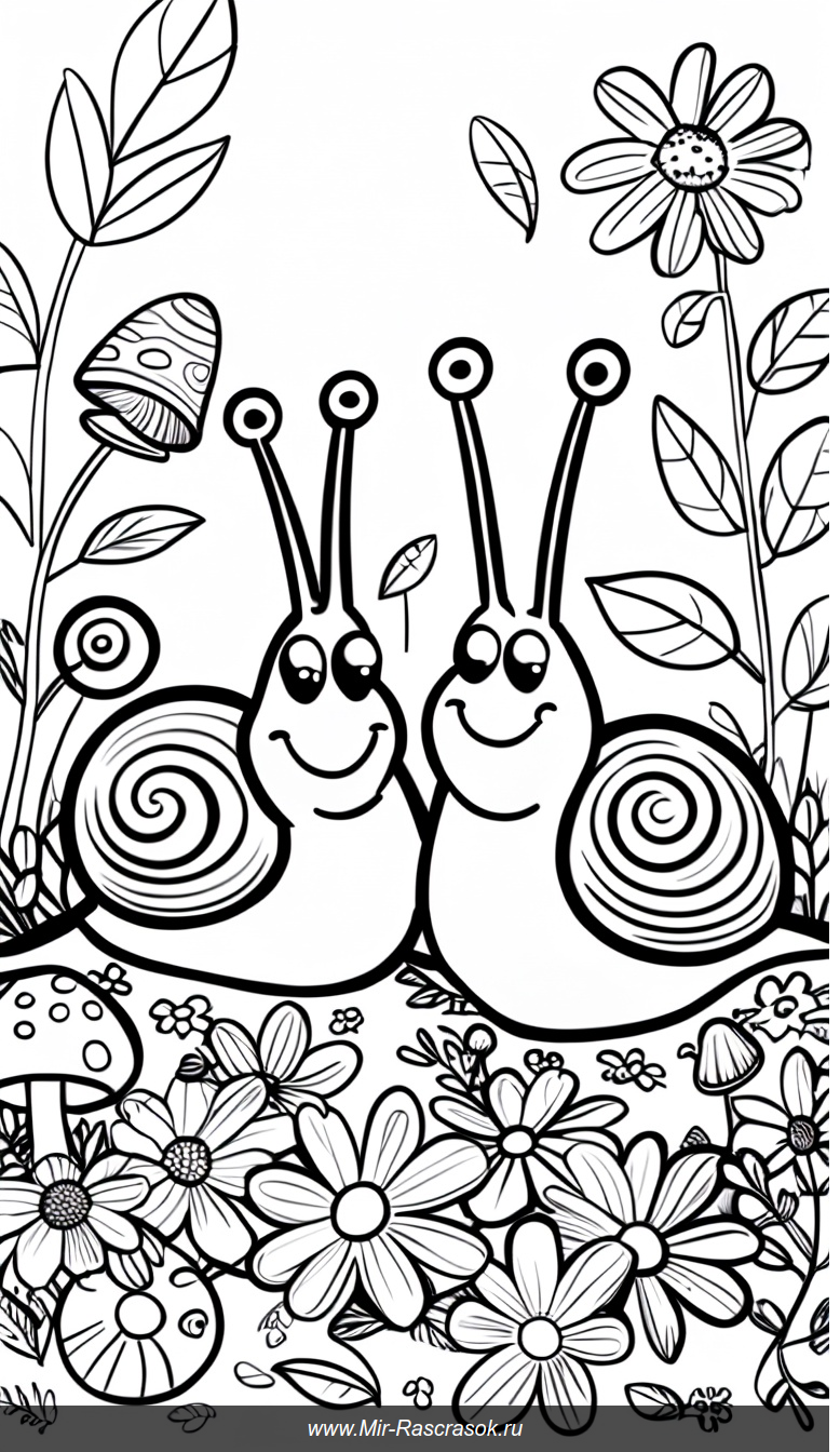 Раскраска с весёлыми улитками в волшебном саду для детей