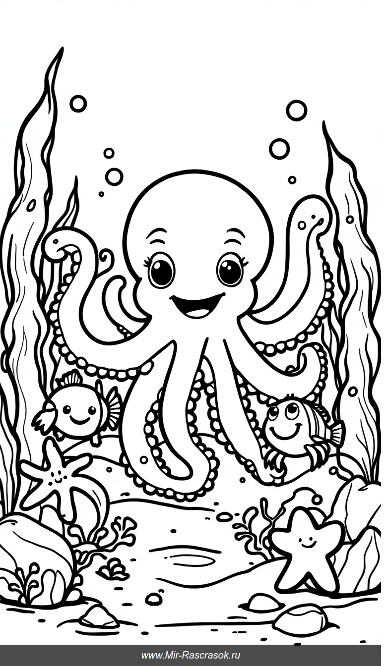 Веселое подводное приключение раскраска с улыбающимся осьминогом и друзьями